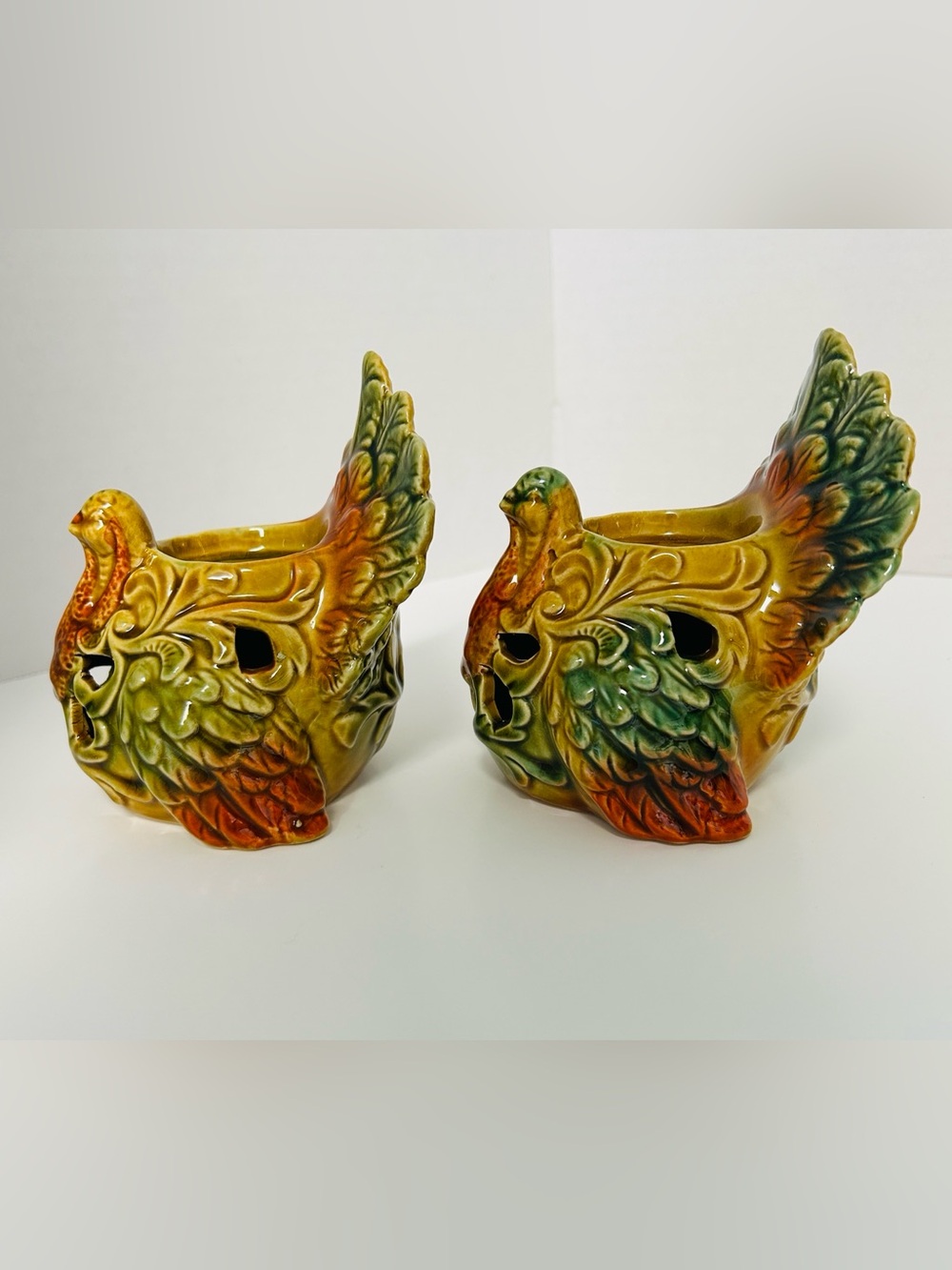 Vintage Glazed Ceramic Set of 2 Fall Handcrafted Hallow Turkey Candle Holders